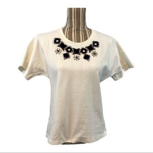 JCrew bejeweled short sleeve blouse white top navy jewels silver decor small